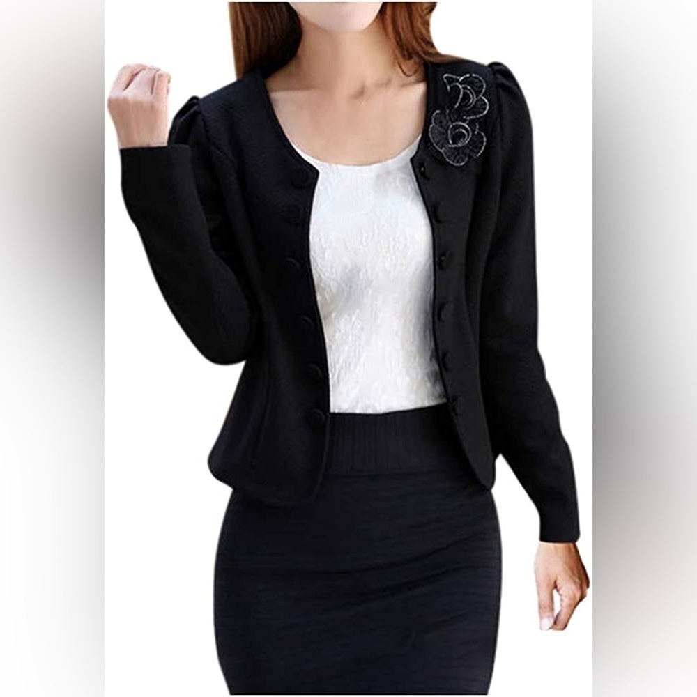 Black Long Sleeve Women Suit Double Fashion Applique Bow cardigan Jacket Only